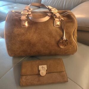 MICHAEL Michael Kors Sueded Leather Satchel Bag/Wallet Set/Gold Hardware